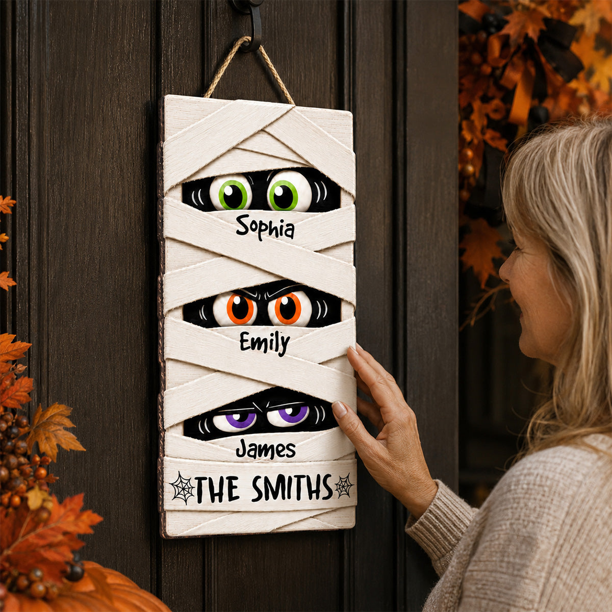 Mummy Family Peeking Eyes 2D Flat - Personalized Wood Sign - Funny Halloween Family Decoration