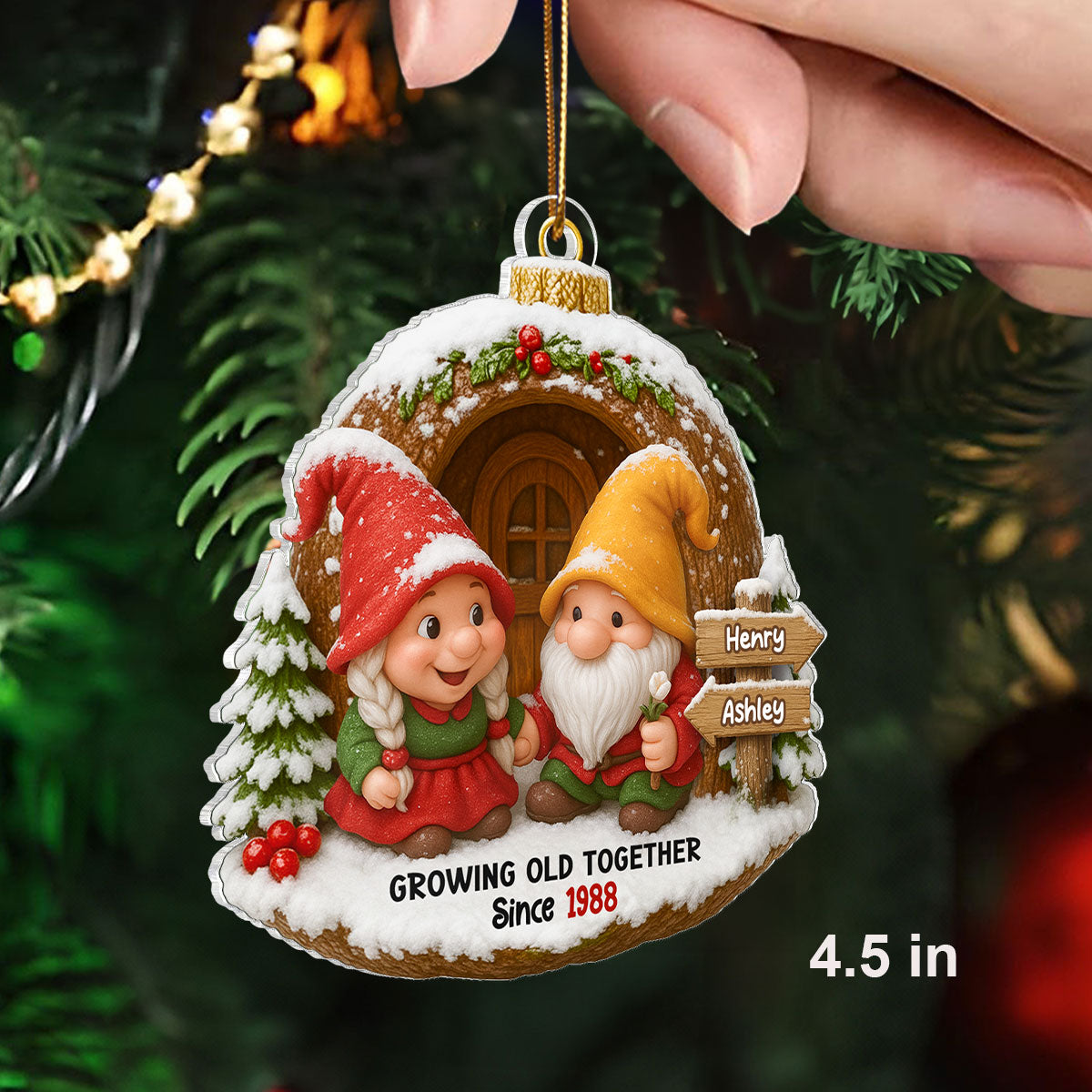 Christmas Gnome Couple Custom Name Sign Post - Personalized Acrylic Ornament - Christmas Gift for Old Couple