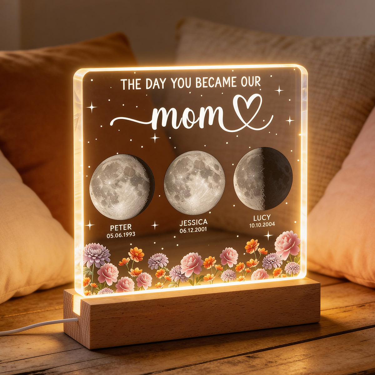 The Day You Became Our Mom, Custom Moon Phase by Date - Personalized Acrylic Block LED Night Light, Custom Birth Flowers, Mother's Day Gift for Mom