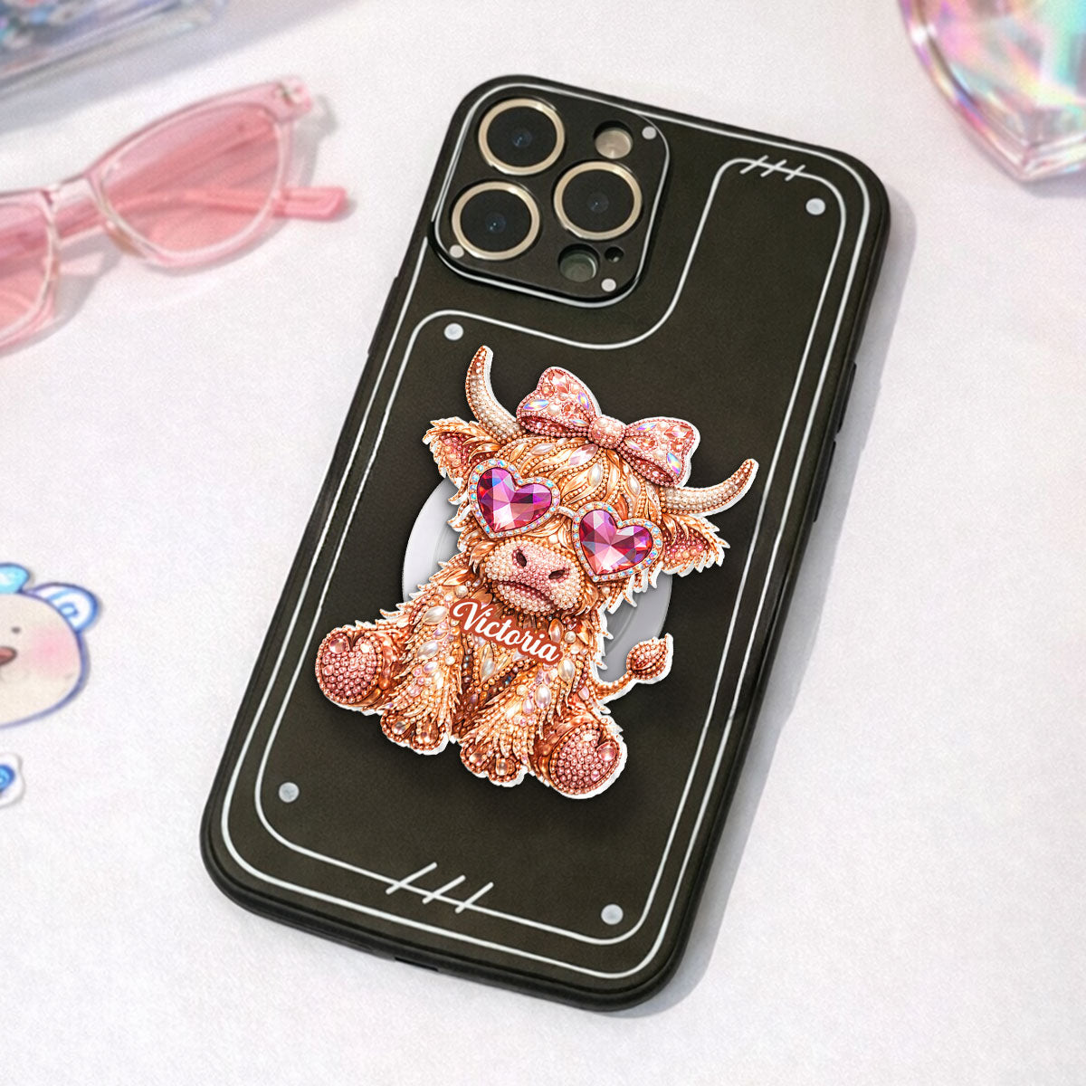 3D Effect Highland Cow - Personalized Acrylic Magnetic Phone Grip - Anniversary, Valentine's Day Gift, Gift For Her