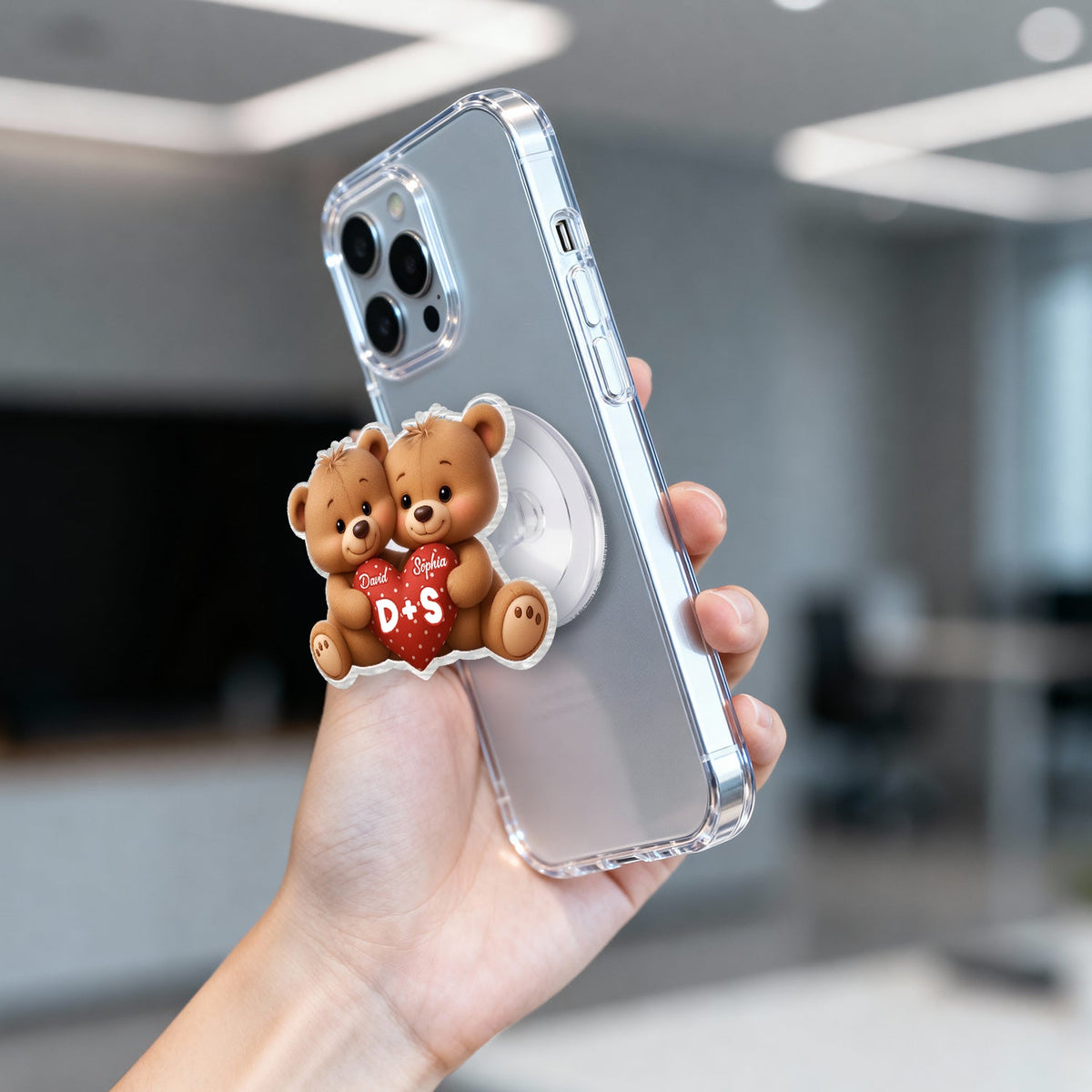 Bear Couple Holding Heart - Personalized Acrylic Magnetic Phone Grip - Gift for him, for her, Matching Phone Grips for Couple