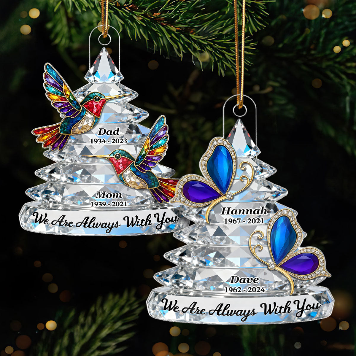 3D Effect Flat Memorial Christmas Tree Colorful Hummingbird - Personalized Acrylic Ornament - Remembrance Gift, Sympathy Gift