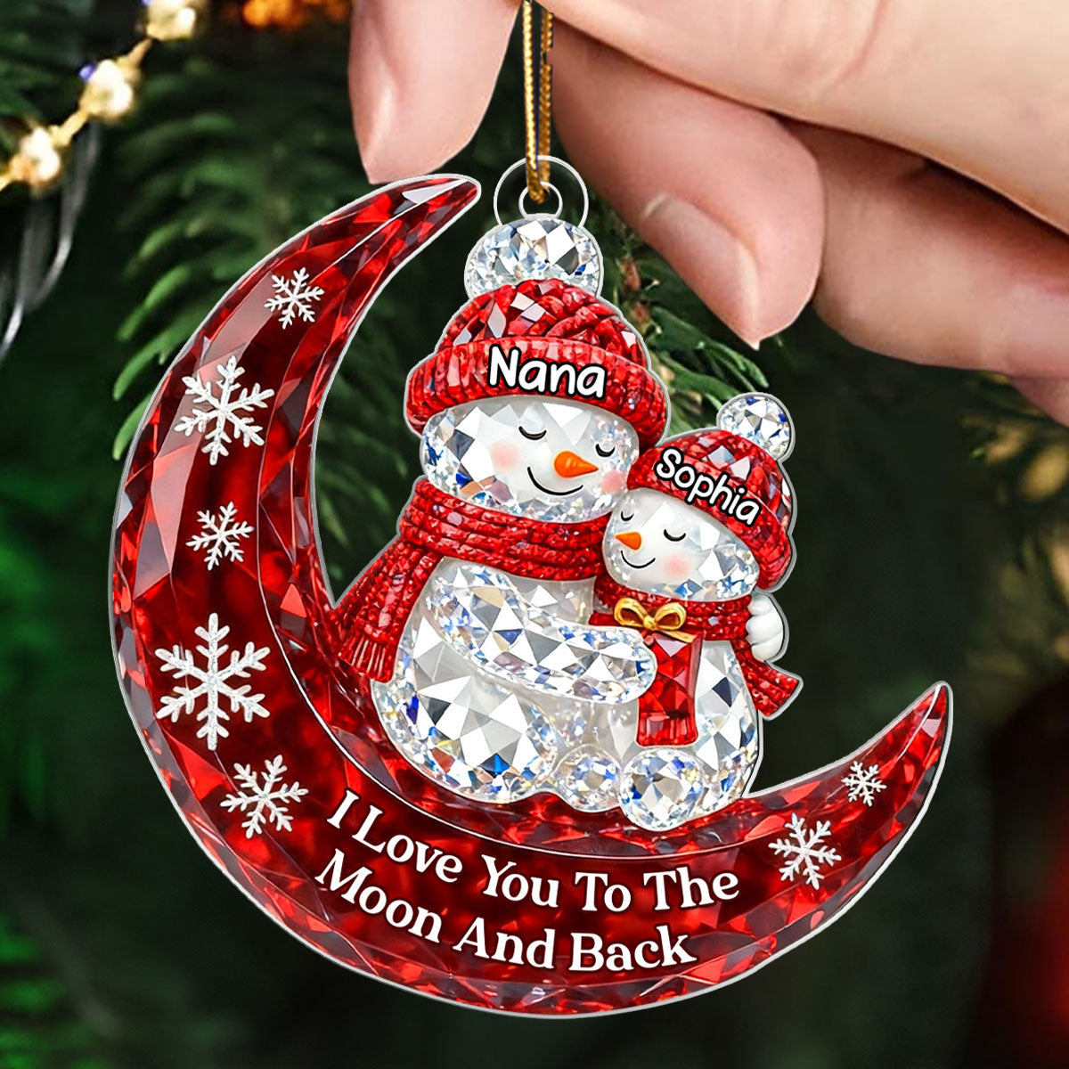 3D Crystal Effect Snowman Grandma Grandkid Love to the Moon - Personalized Acrylic Ornament - Christmas Gift for Grandma, Grandkids