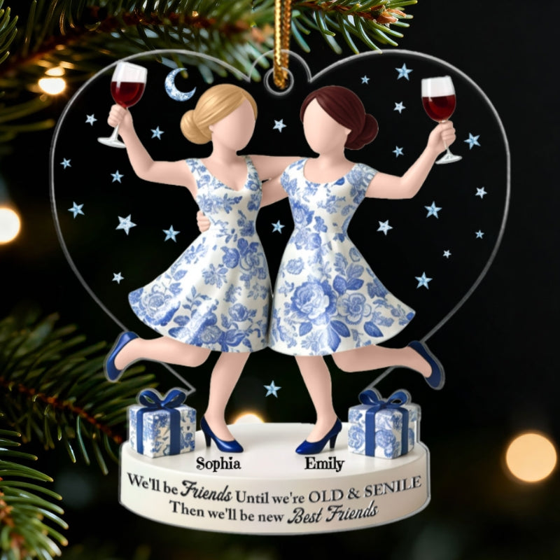 3D Effect Toile De Jouy Pattern We'll Friends Until Old & Senile - Personalized Acrylic Ornament - Gift For Besties, Best Friends