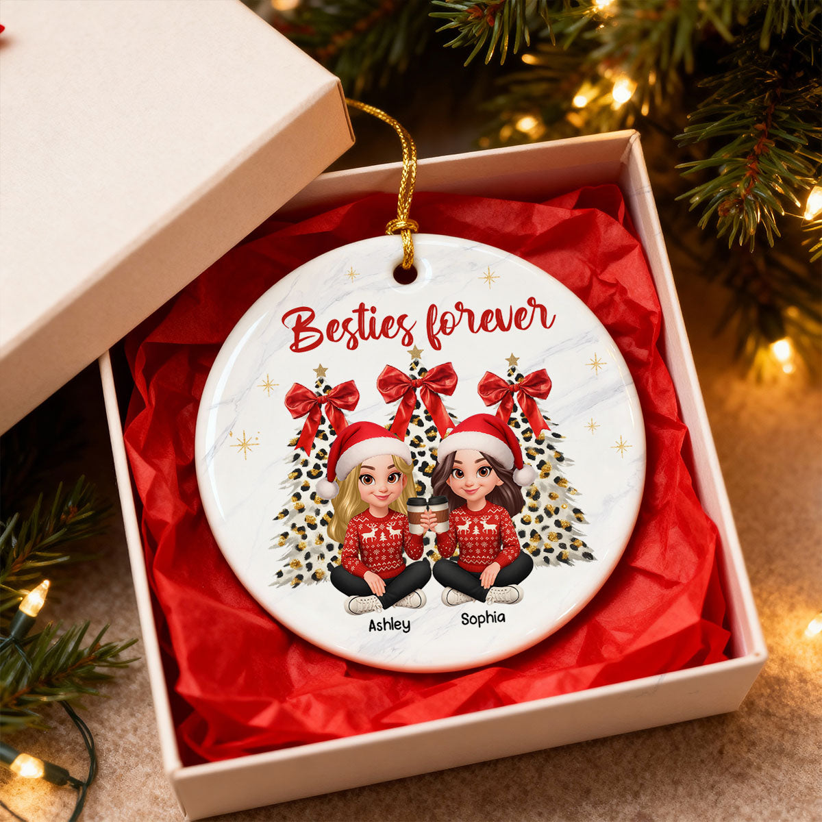 Besties Forever Leopard Coquette Christmas Tree - Personalized Ceramic Ornament