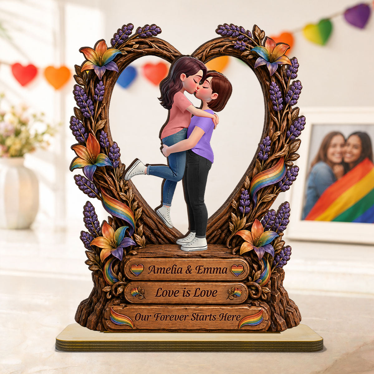 Our Forever Starts Here LGBT+ Couple - Personalized 2-Layered Wooden Plaque - Gift For Couple, Happy Pride Month