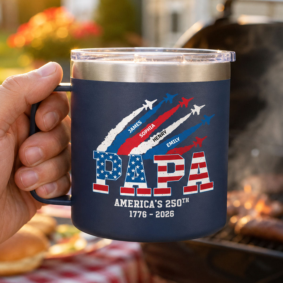 Proud Dad Grandpa Nation Flag American 250th Anniversary - Personalized Tumbler With Handle - Father's Day Gift For Patriotic Dad, Grandpa