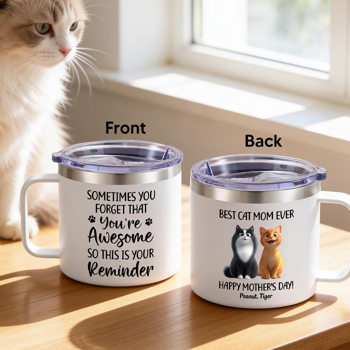 Sometimes You Forget That You're Awesome Cat Mom - Personalized Stainless Steel Tumbler with Handle - Mother's Day Gift For Cat Lovers