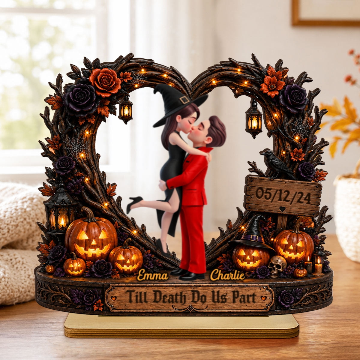 Spooky Couple Heart Till Death Do Us Part - Personalized 2-Layered Wooden Plaque - Halloween Decor Gift, Gift For Couple