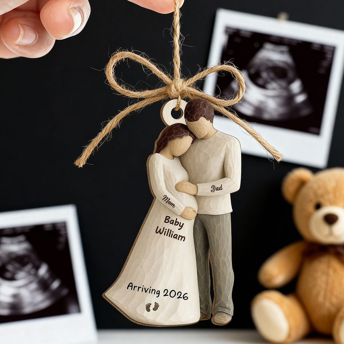 3D Effect Baby Arriving - Personalized Wooden Ornament - Couple Expecting, Pregnancy Keepsake