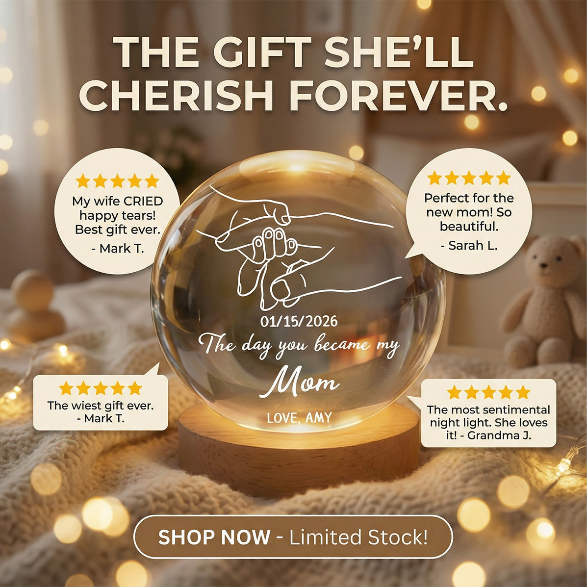 The Day You Became My Mom Mummy Holding Hand First Mother's Day - Personalized Crystal Ball LED Night Light - First Mother's Day Gift For New Mum, New Mom
