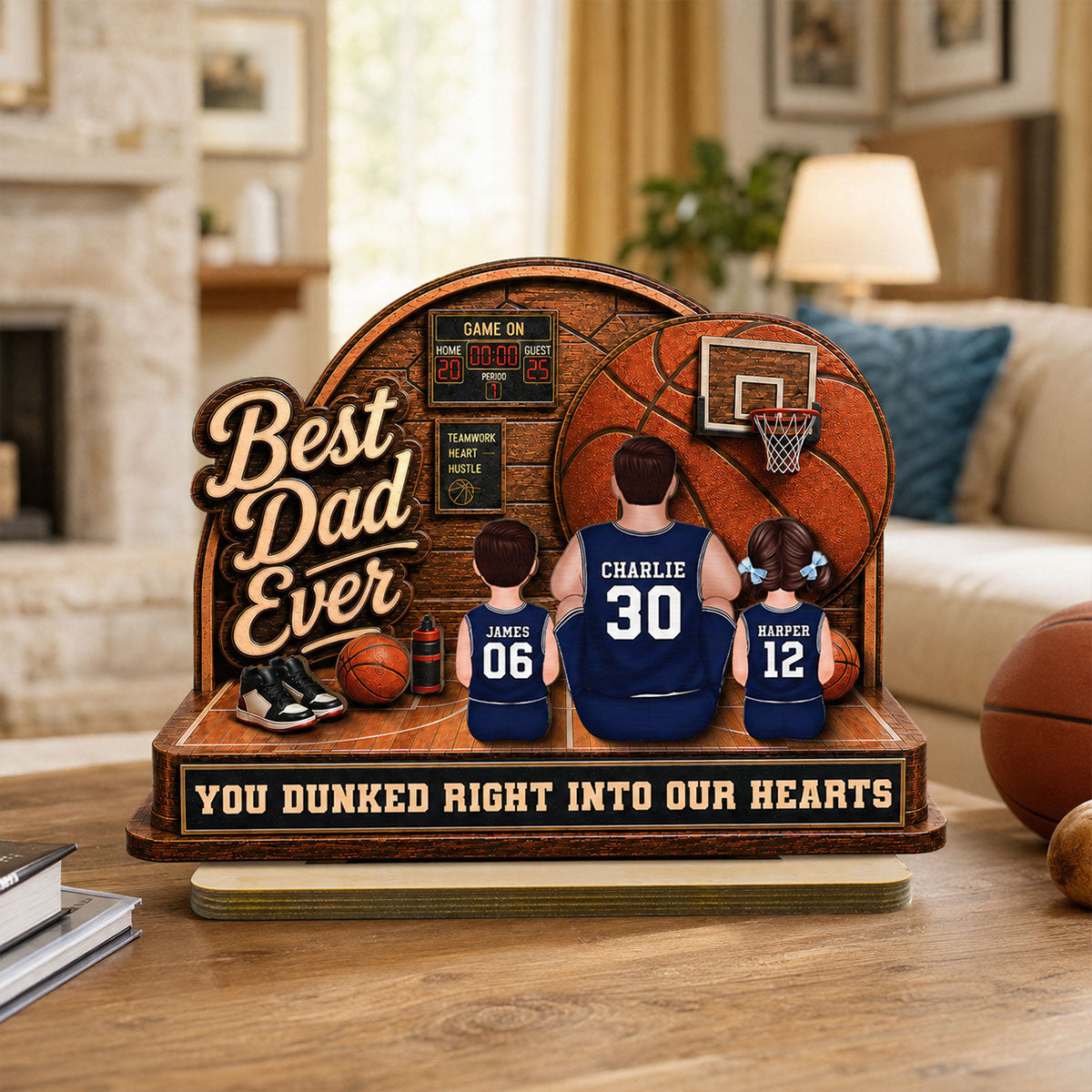 MVP Dad Back View Basketball Man & Kids 2D Flat - Personalized 2-Layered Wooden Plaque -  Gift For Basketball Dad