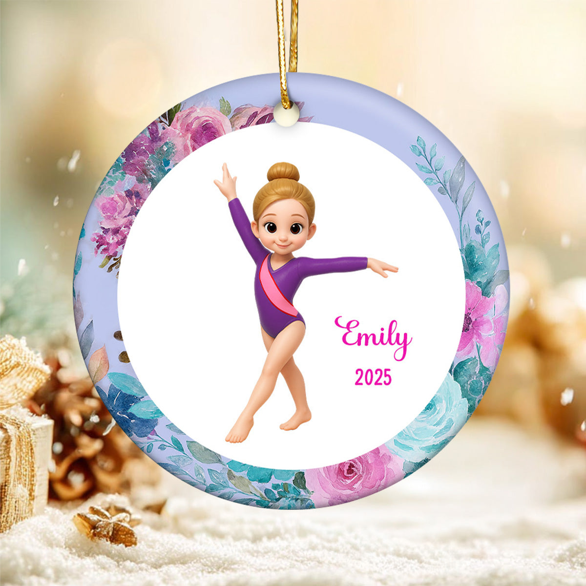 Floral Frame Gymnastic Girl - Personalized Ceramic Ornament - Gymnast Gift For Daughter, Granddaughter