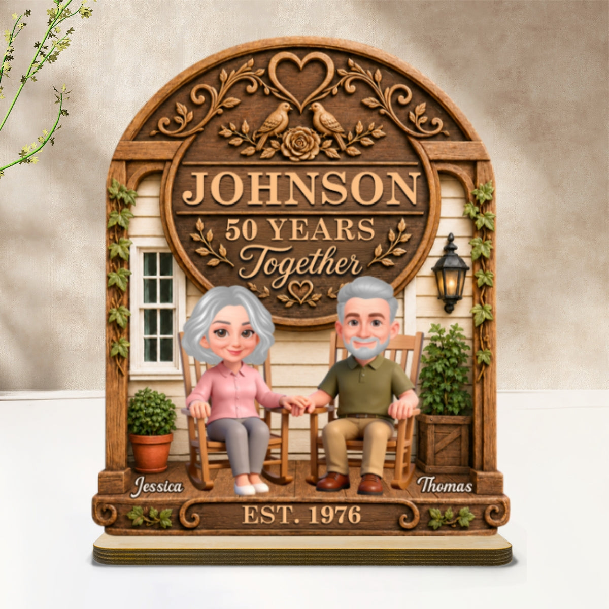 Old Couple 30th 40th 50th Anniversary Gift - Personalized 2-Layered Wooden Plaque - Wedding Year Decor