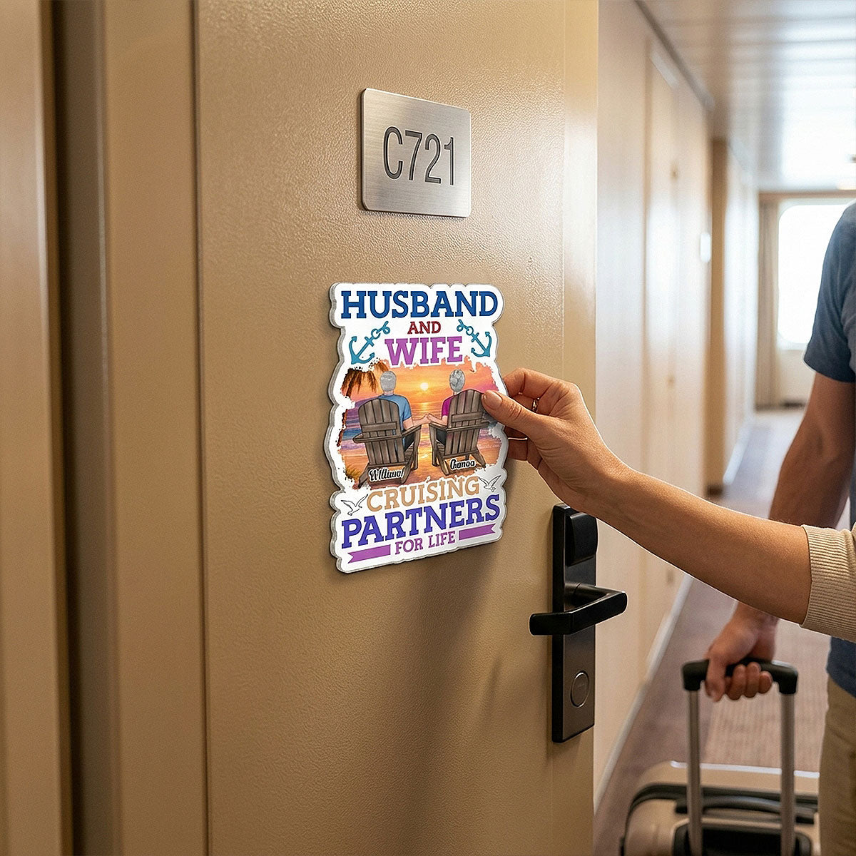 Husband & Wife Cruising Partners For Life Porthole Couple Back View - Personalized Cruise Ship Door Magnet