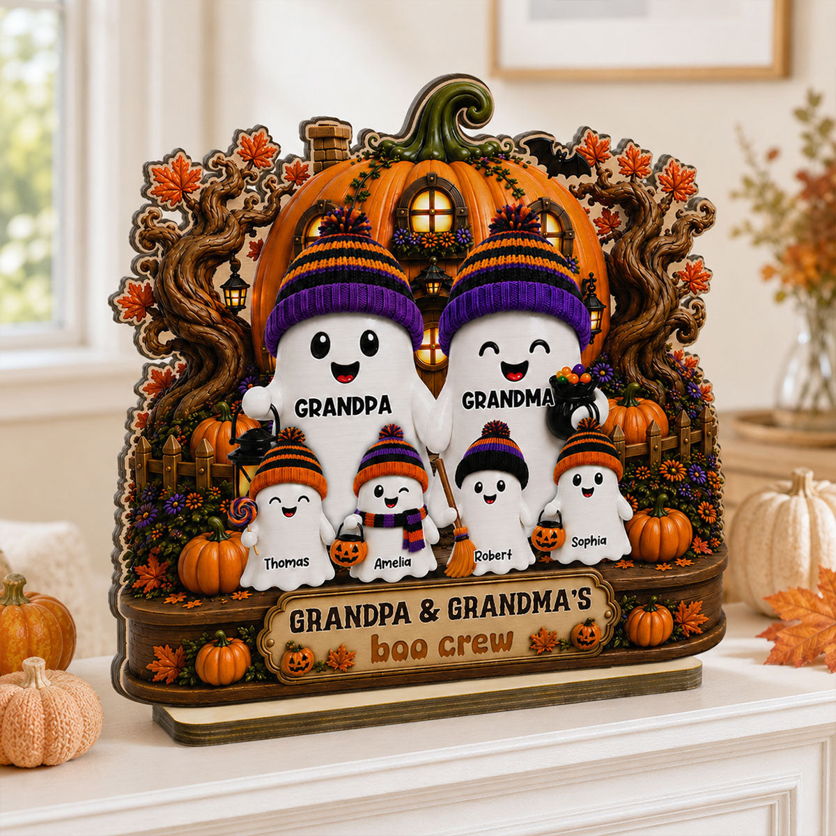 Whimsical Pumpkins House Halloween Grandma Grandpa's Boo Crew - Personalized 2-Layered Wooden Plaque - Halloween Decor For Grandparents