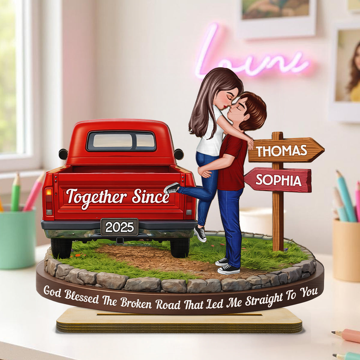 God Blessed The Broken Road - Personalized Standing Wooden Plaque - Gift for Couple