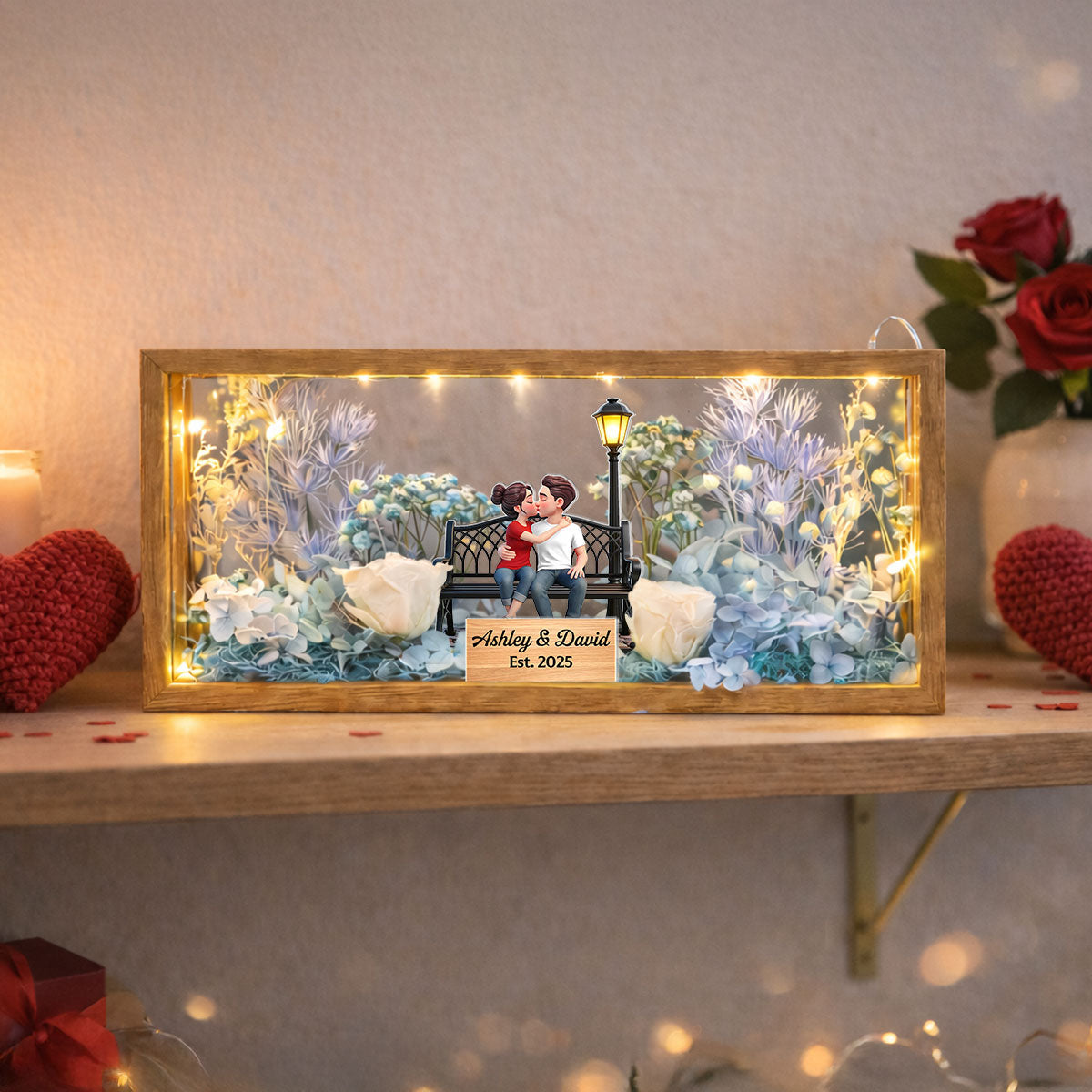 Eternal Love Couple Sitting Kissing - Personalized DIY Flower Shadow Box LED Night Light - Gift For Couple, For Him, For Her