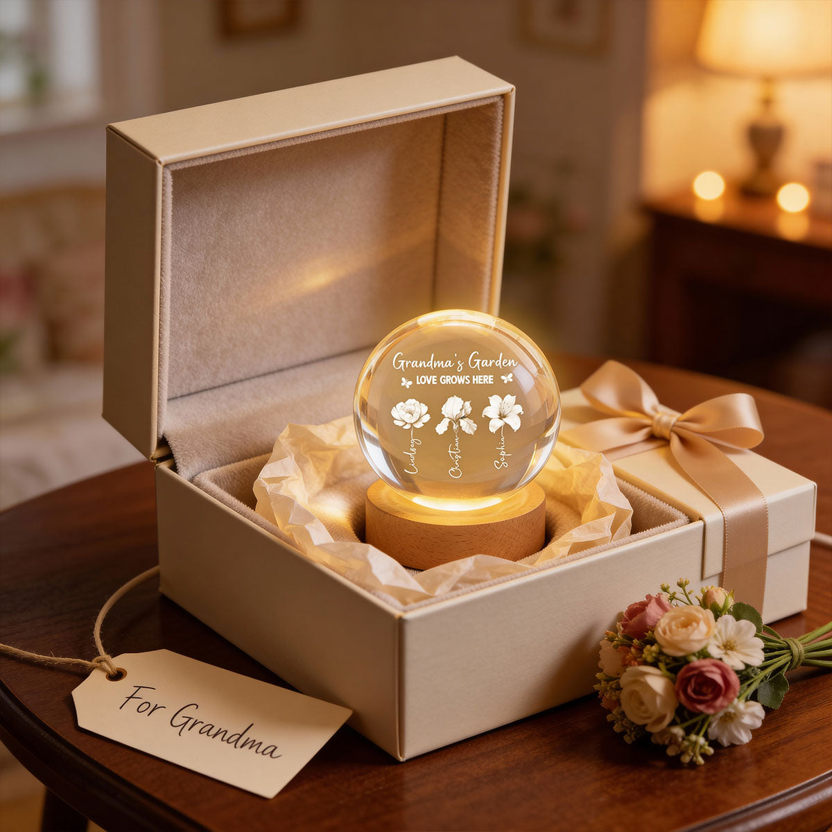 Grandma's Garden 3D Effect Birth Month Flowers - Personalized Crystal Ball LED Night Light