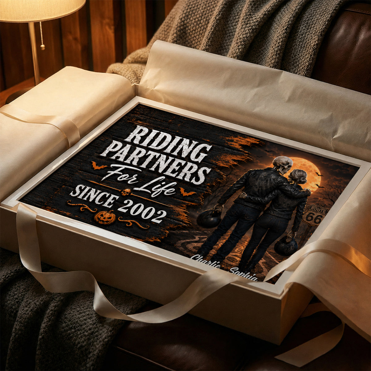 Skeleton Biker Couple Riding Partners For Life - Personalized Poster - Halloween Decor Gift, Gift For Couple