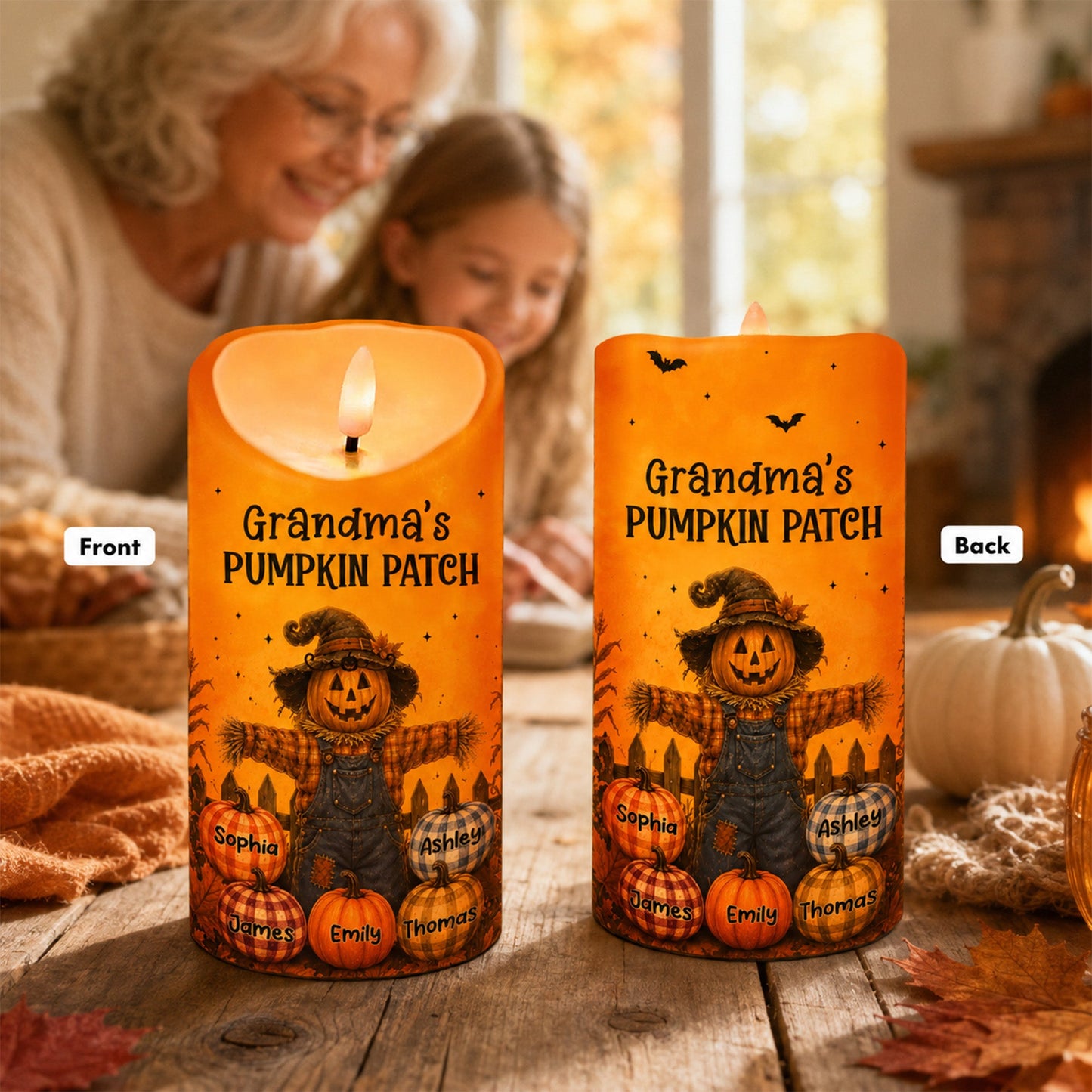 Grandma's Pumpkin Patch Scarecrow - Personalized LED Candle - Fall Season, Halloween Decor For Grandma