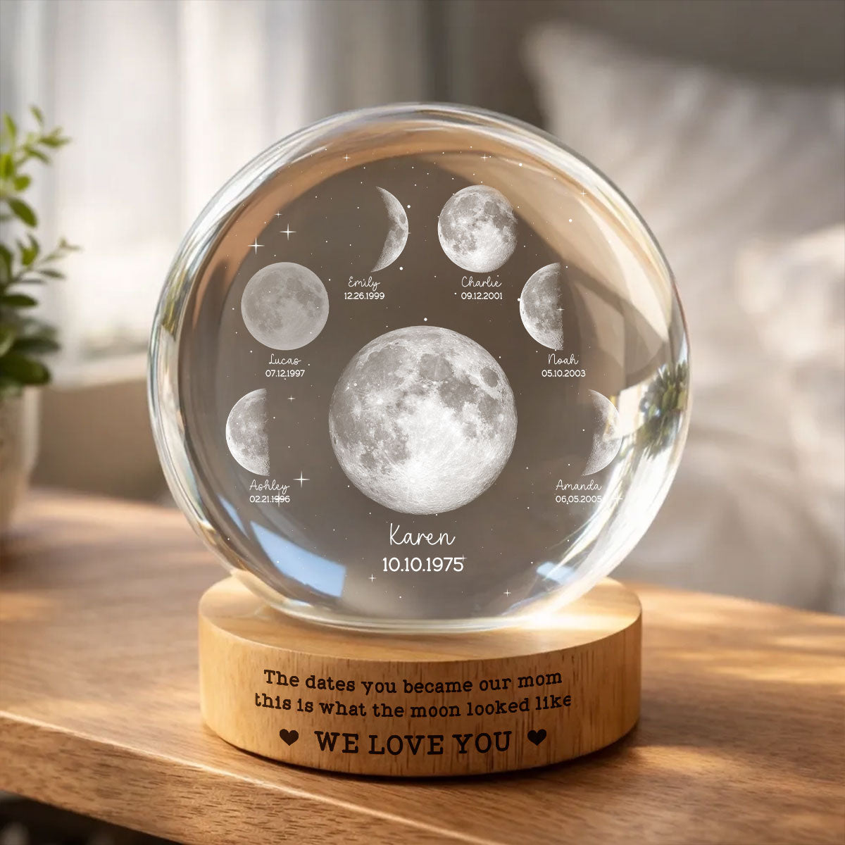 The Date You Became Our Mom - Personalized Crystal Ball LED Night Light - Custom Moon Phase by Date, Mother's Day Gift for Mom, Wife