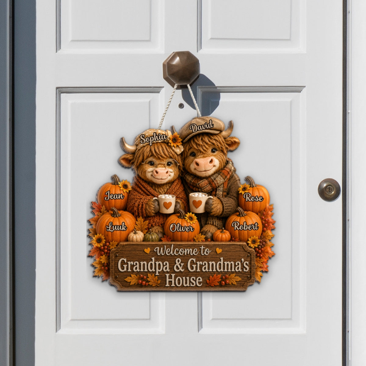 Welcome To Grandpa Grandpa's House Highland Cow - Personalized Wood Sign - Fall Season Decor Gift, Gift For Grandma, Grandpa