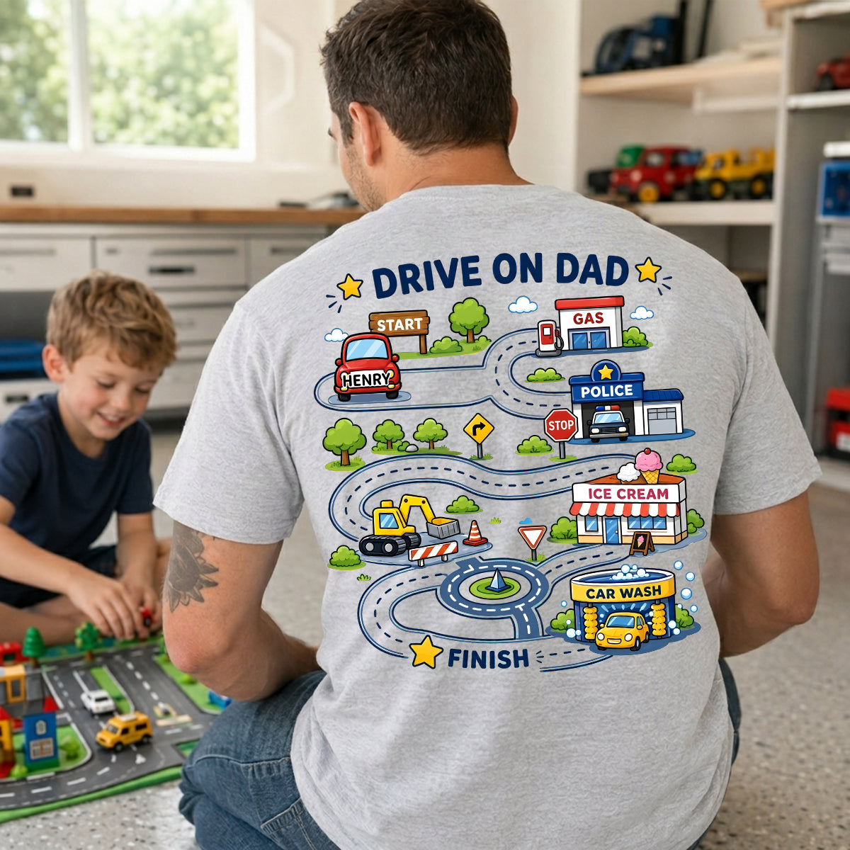 Drive On Dad Toddler Drives Toy Cars on City Road Map - Personalized Shirt - Father's Day Gift for Him