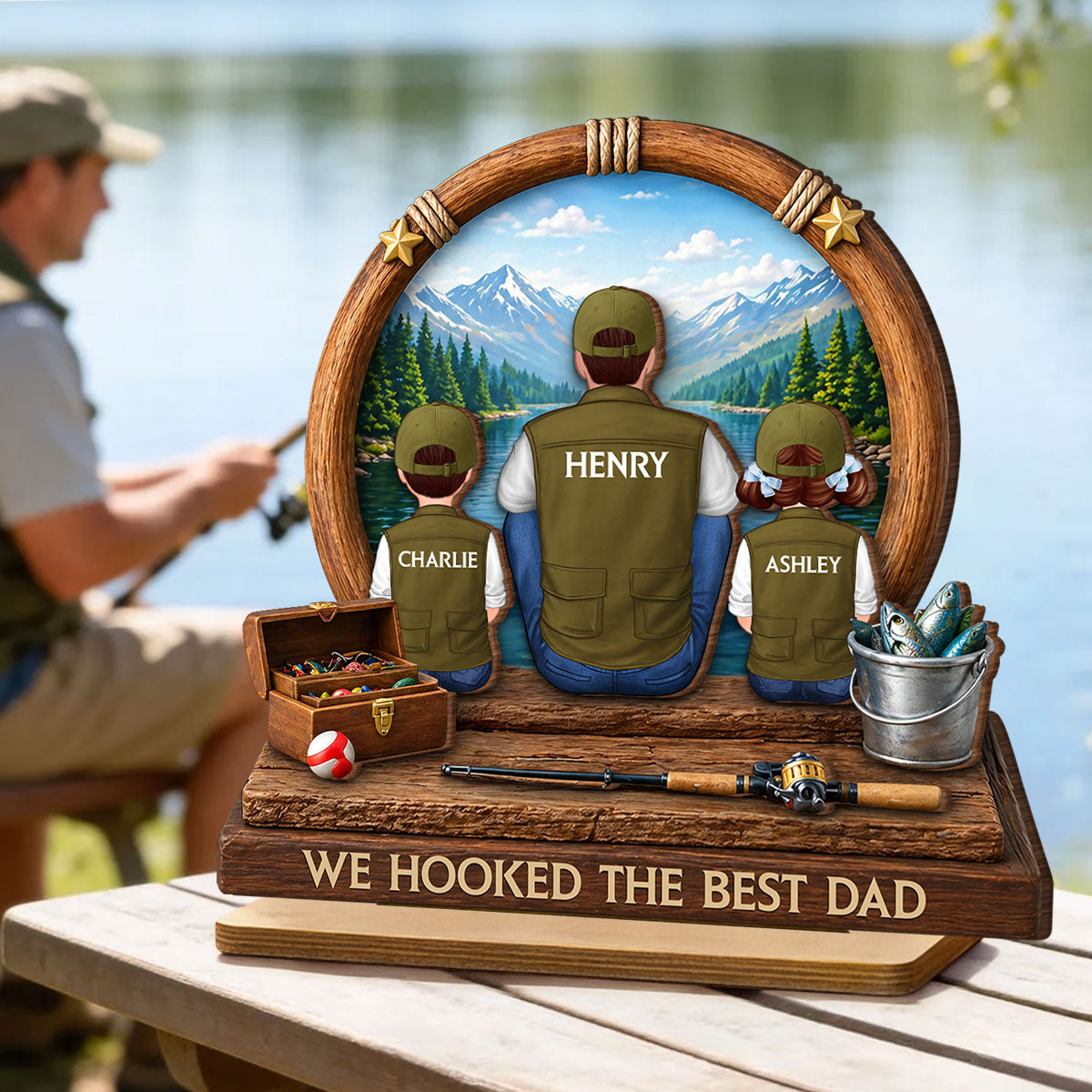 Fishing Dad Kids Mountain Lake - Personalized 2-Layered Wooden Plaque - Heartfelt Gift For Fishing Dad, Gift For Husband