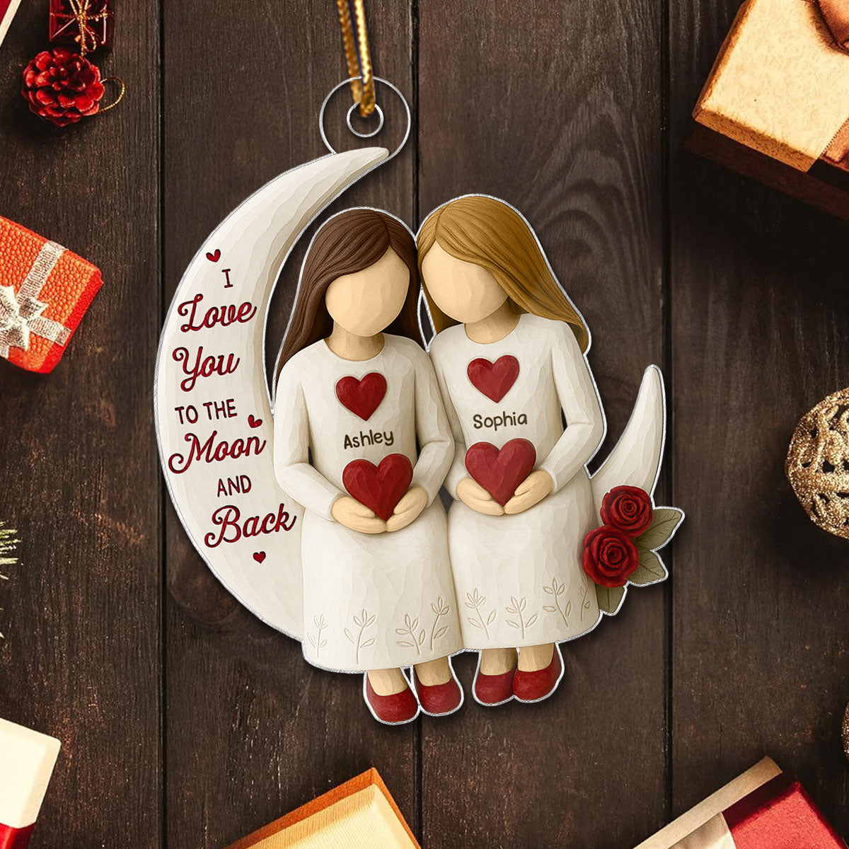 3D Effect Roses Besties On Moon - Personalized Wooden Ornament - Christmas Gift For Best Friends