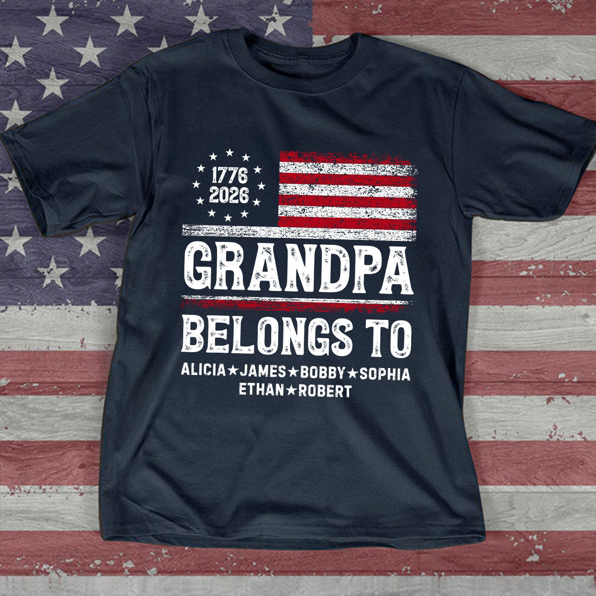 Proud American Grandpa Custom Kids Names Nation Flag American 250th Anniversary - Personalized Shirt - Father's Day Gift For Dad, Grandpa
