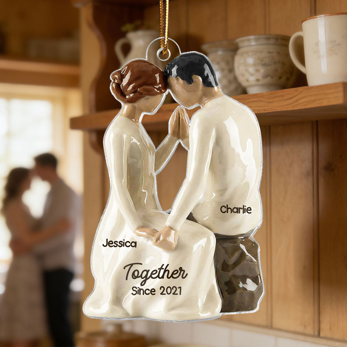 3D Effect Couple Sitting Side By Side - Personalized Acrylic Ornament - Newlyweds Couple Keepsake