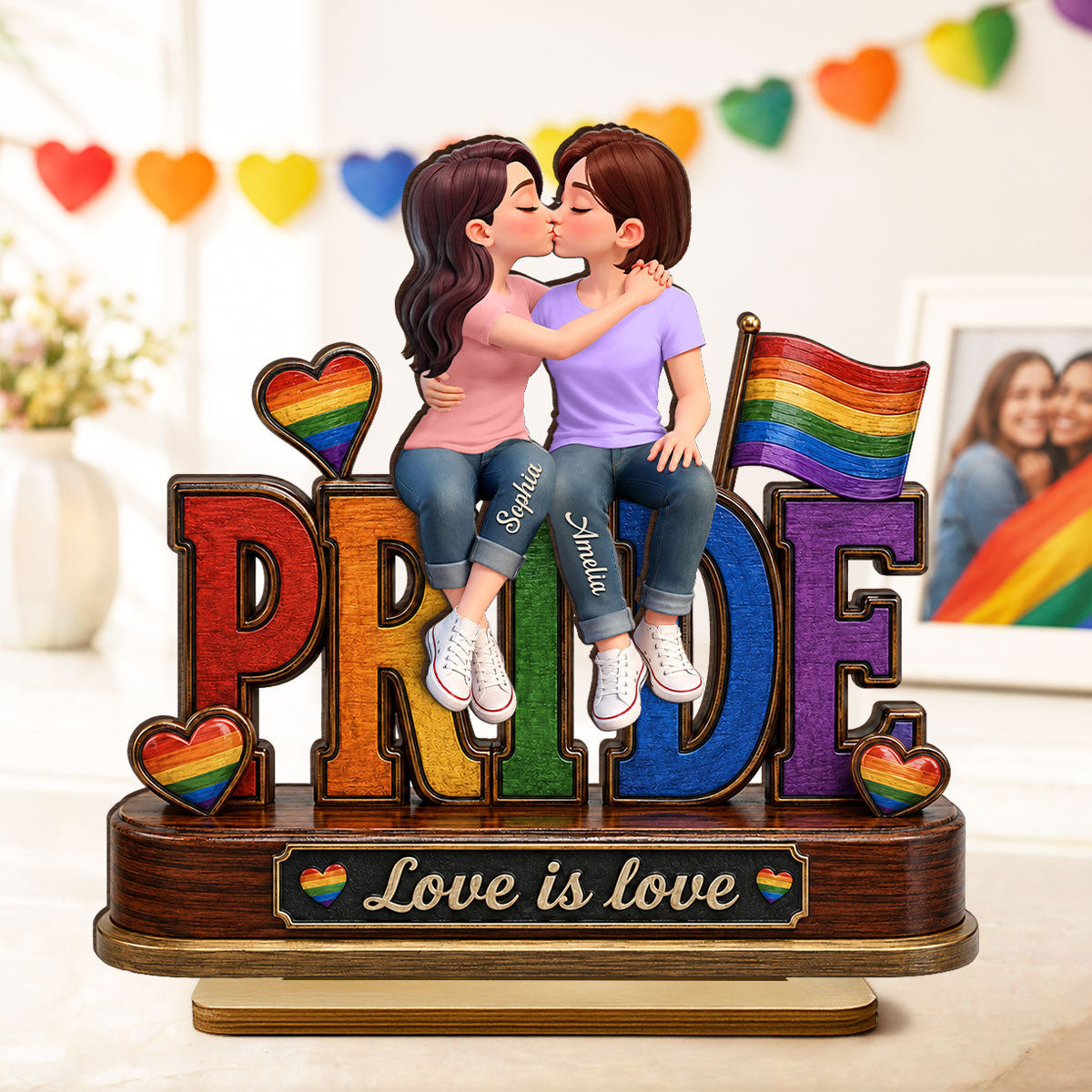 LGBT Couple Pride Love is Love - Personalized 2-Layered Wooden Plaque - Heartfelt Gift for Her, Gift for Him