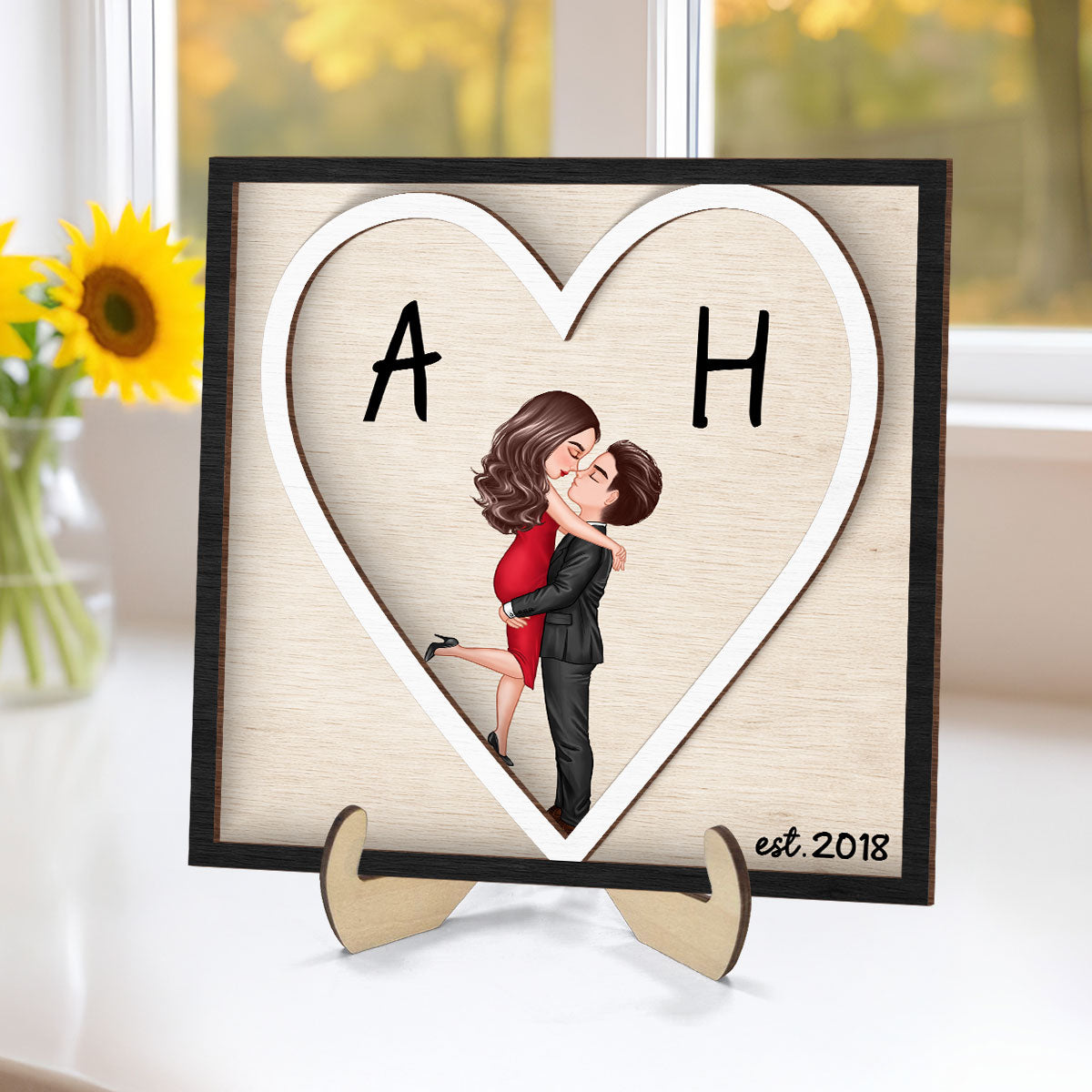 Initials Heart Sign - Personalized 2-Layered Wooden Plaque - Gift for Couple
