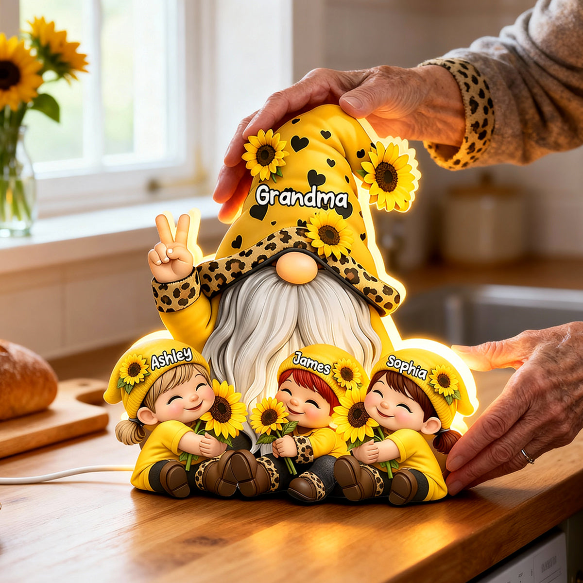 Gnome Grandma & Grandkids Sunflower - Personalized Light Box - Sentimental Gift for Grandma