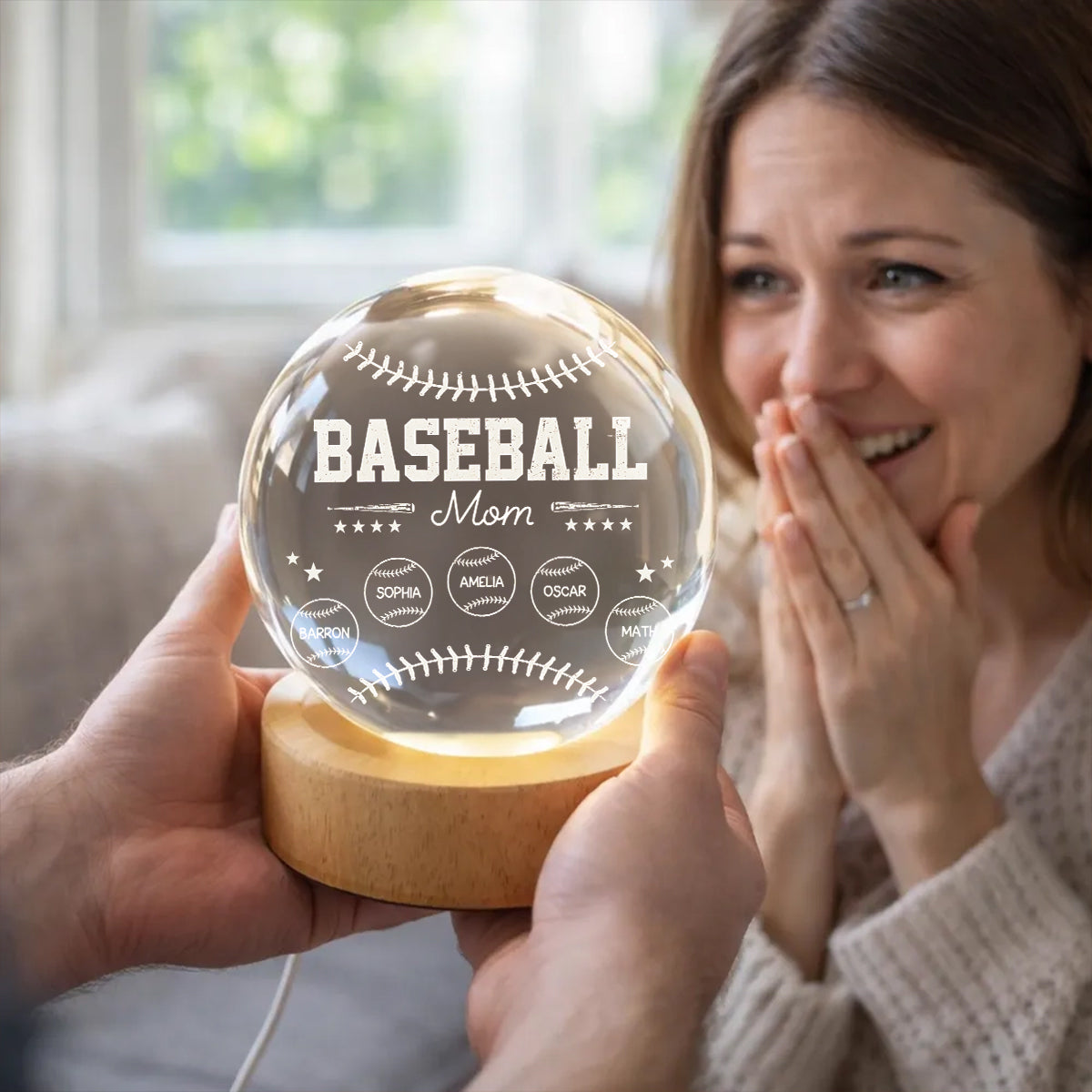 Baseball Mom And Kids Together - Personalized Crystal Ball LED Night Light - Mother's Day Gift For Baseball Mom, Gift For Wife