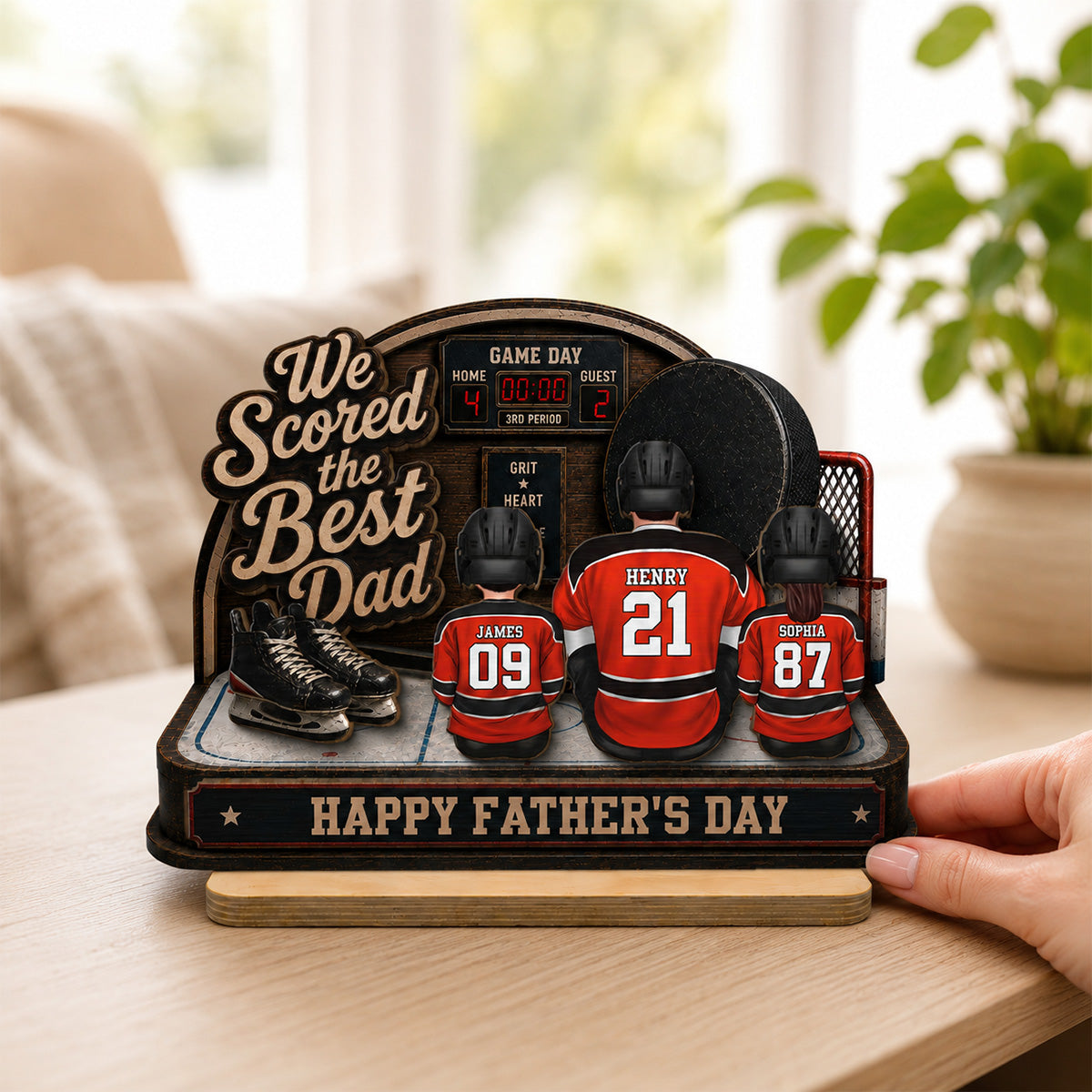 Hockey Dad & Kids Sitting On Court 2D Flat - Personalized 2-Layered Wooden Plaque -  Gift For Hockey Dad