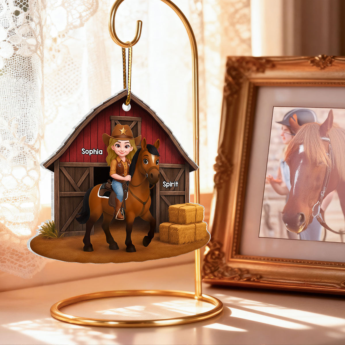 Country Girl And Horse Red Barn 3D Effect - Personalize Acrylic Ornament