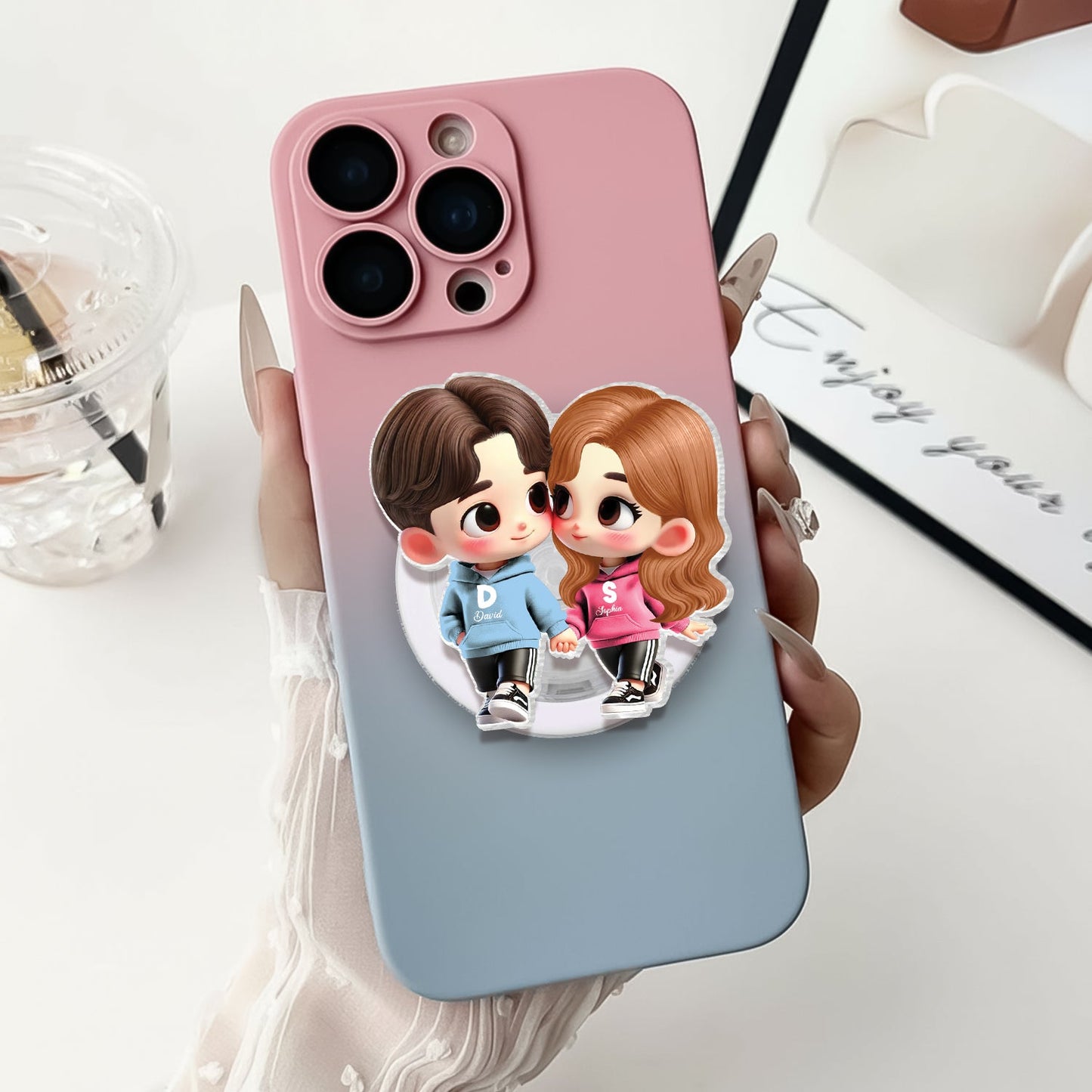 3D Effect Cute Cartoon Couple Holding Hands - Personalized Acrylic Magnetic Phone Grip - Matching Phone Grips for Couples