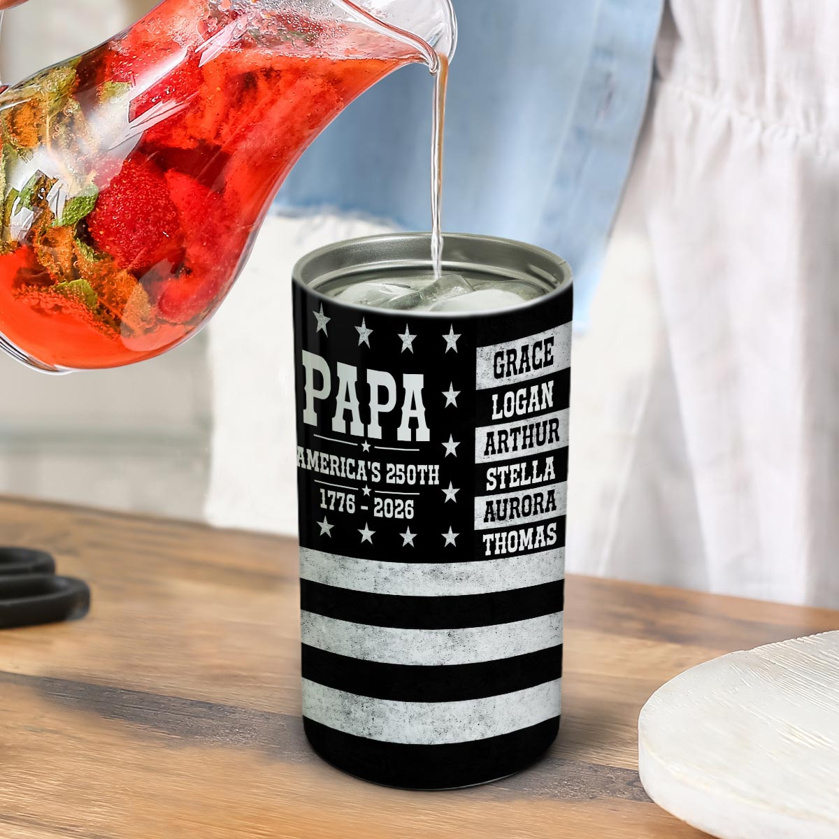 Proud American Dad Grandpa Custom Kids Name - Personalized 4-in-1 Can Cooler