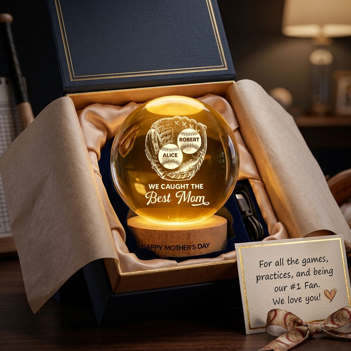 Baseball In Baseball Glove We Caught The Best Mom - Personalized Crystal Ball LED Night Light - Mother's Day Gift For Baseball Mom