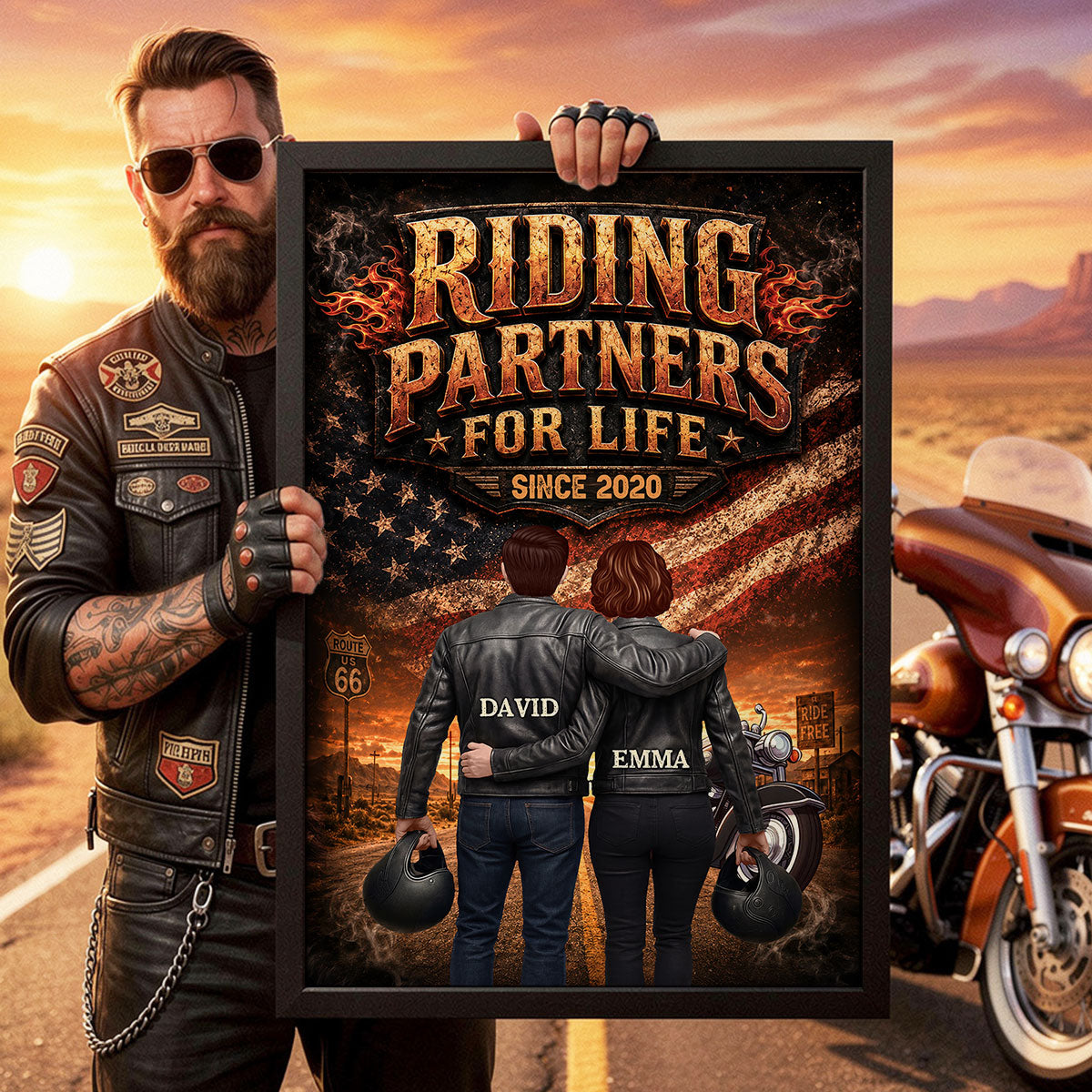 Bikers Couple Riding Partners for Life Nation Flag - Personalized Poster - Heartfelt Gift for Him, for Her