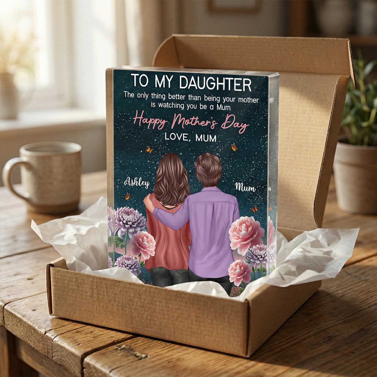 To My Daughter From Mum Birth Month Flower Beautiful Hill At Night - Personalised Acrylic Block Plaque - Gift For Mom