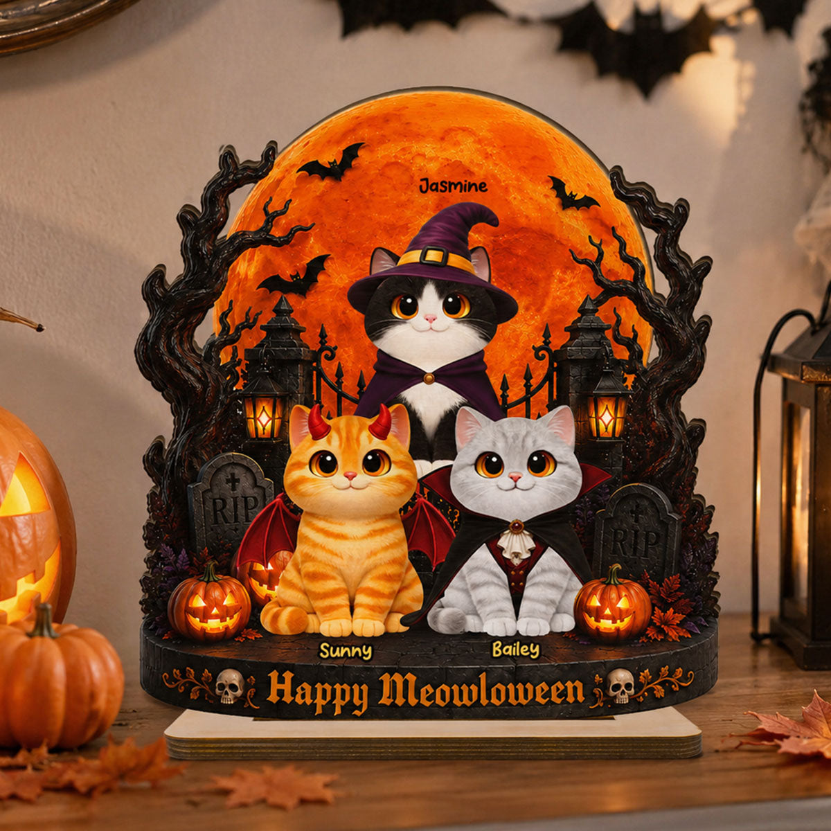 Spooky Halloween Cats Under Moonlight - Personalized 2-Layered Wooden Plaque - Halloween Decor For Cat Lovers