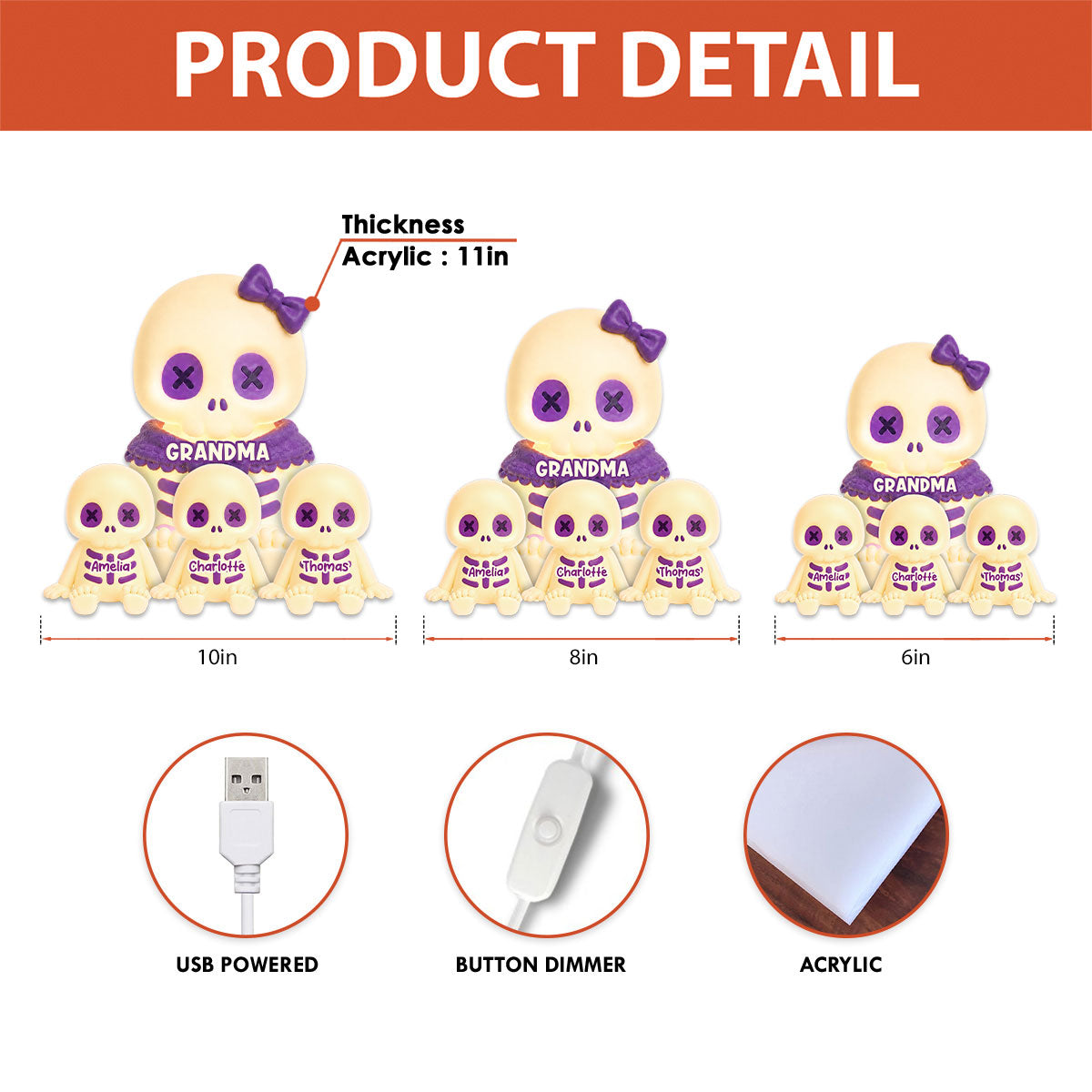 Cute Skeleton Grandma Grandkids Fall Halloween Decor - Personalized Light Box - Gift For Grandmas