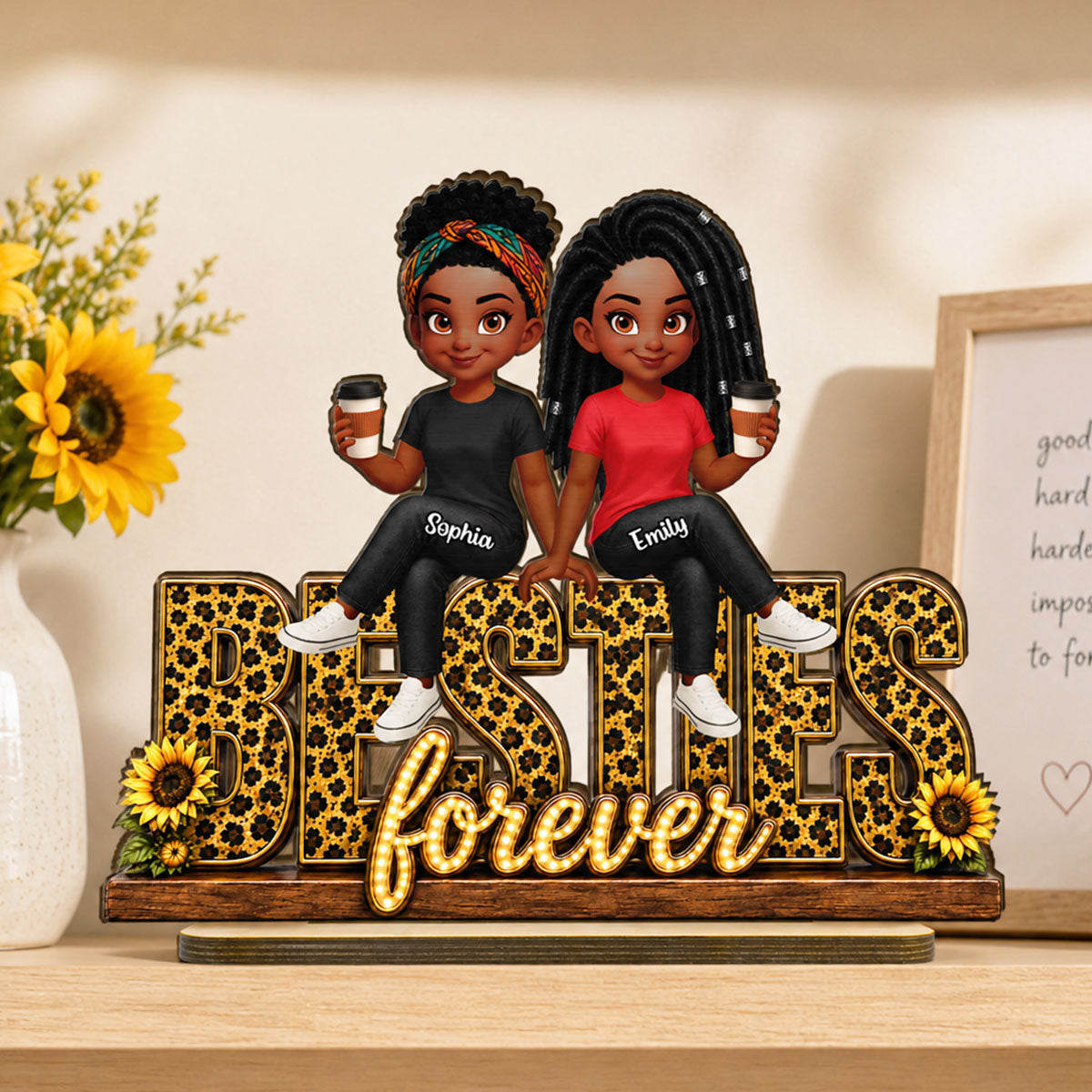 Leopard Style Besties Forever - Personalized 2-Layered Wooden Plaque - Birthday Gift, Gift For Best Friends