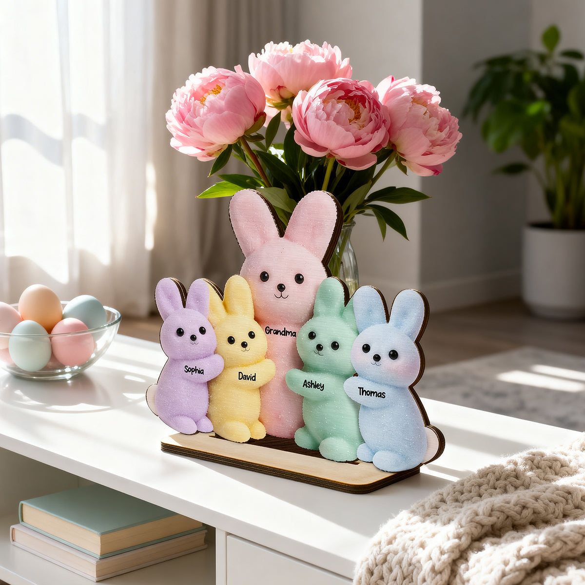 Grandma and Grandkids Bunnies - Personalized 2-Layered Wooden Plaque - Easter Decor Gift for Grandma, Mom