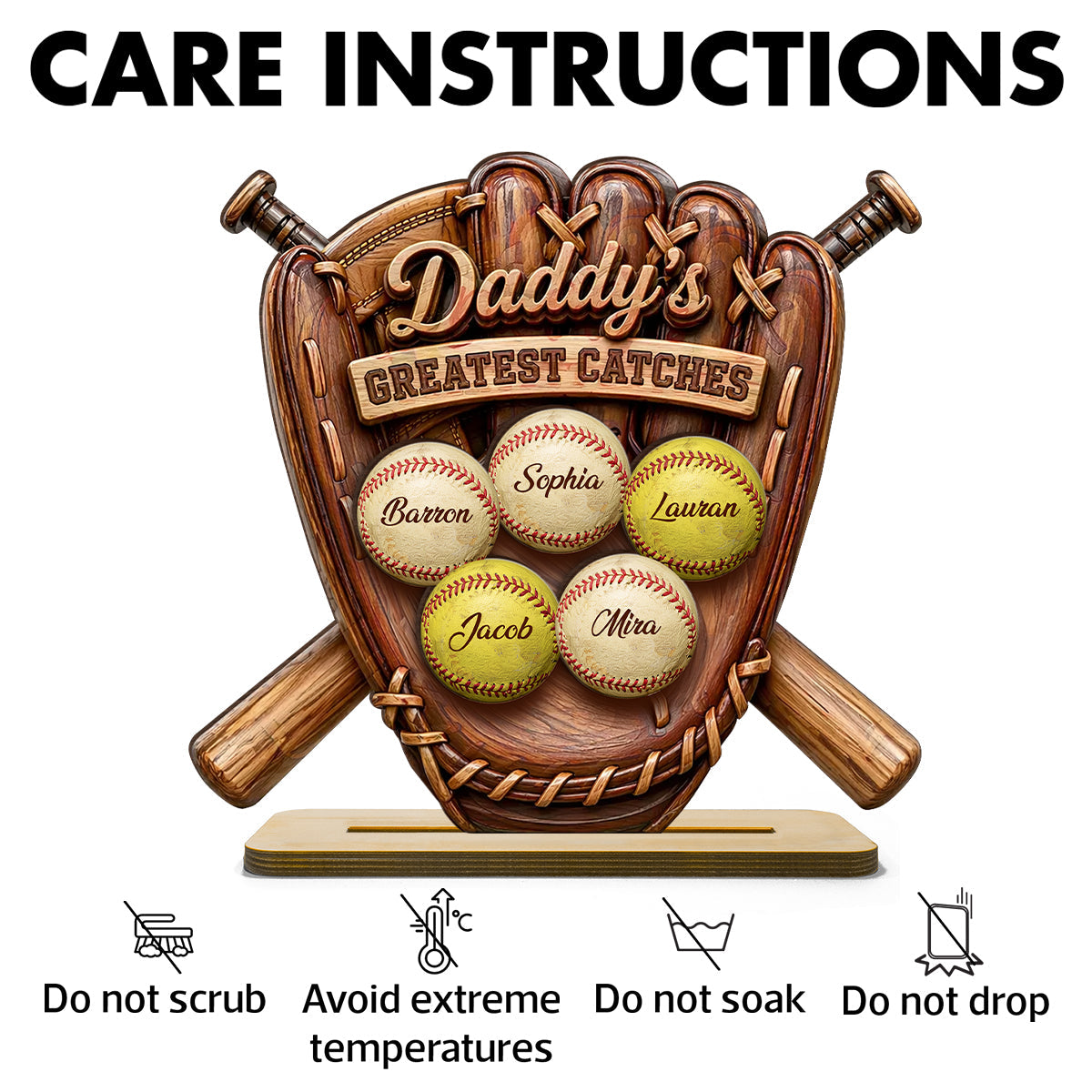 Daddy's Greatest Catches Baseball Softball - Personalized 2-Layered Wooden Plaque -  Gift for Husband, Dad