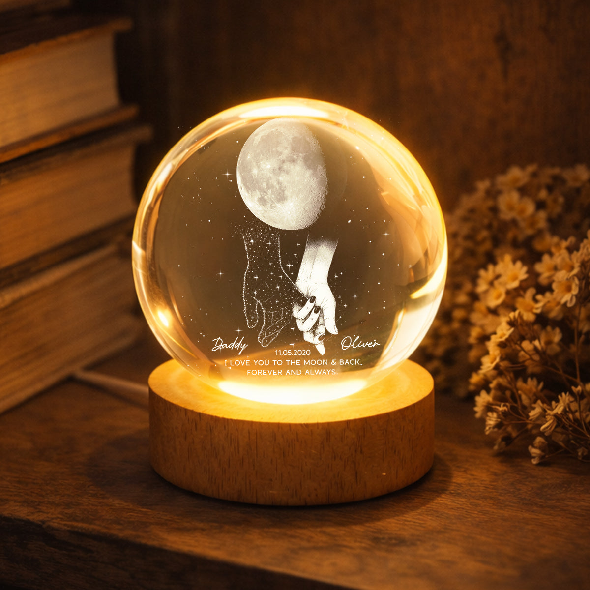 Lost Loved One Holding Hands Moon Phase Galaxy Art - Personalized Crystal Ball Night Light - Memorial Sympathy Gift
