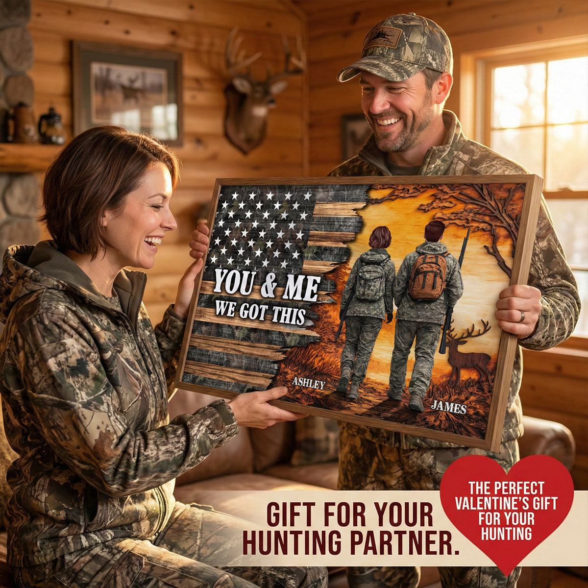 Eternal Love Back View Hunting Couple Half Nation Flag - Personalized Poster - Gift For Hunting Couple, Hunters, Gift For Him, For Her